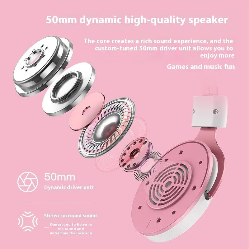 White wired gaming headset with pink cat ears, 3.5mm plug, and braided cable