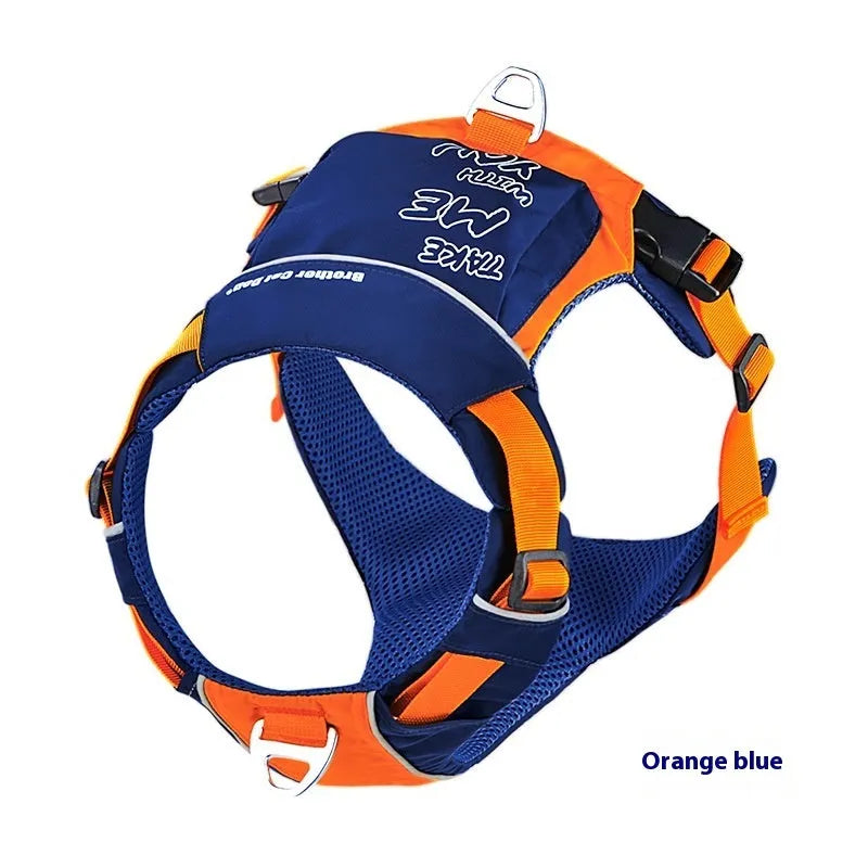 Orange blue nylon dog chest strap vest harness with hand rope attachment shown on dog