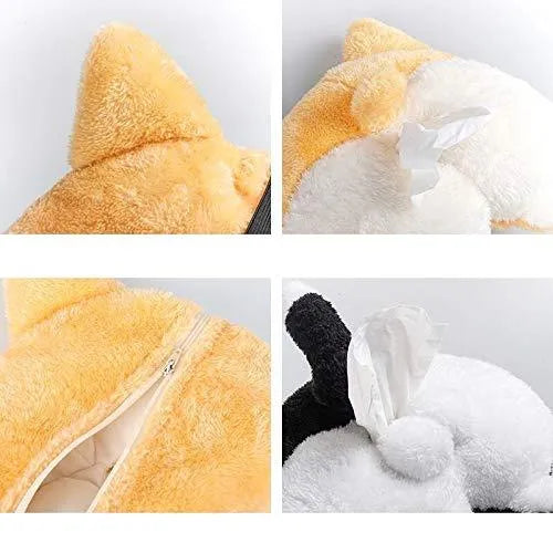 Yellow corgi butt shaped tissue box cover with elastic backing for car sun visor attachment