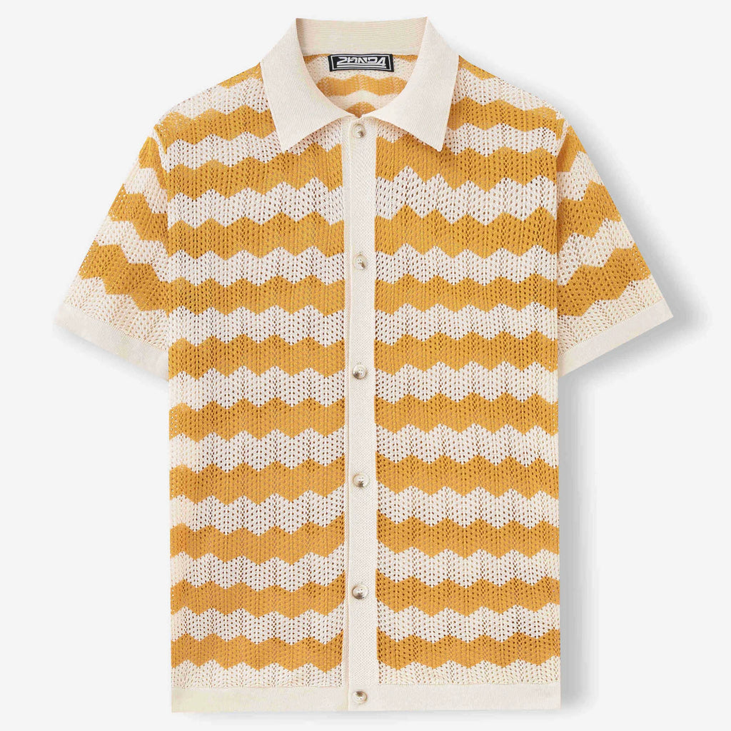 Short-sleeved yellow hollow jacquard corrugated sweater with flocked detail on a mannequin.