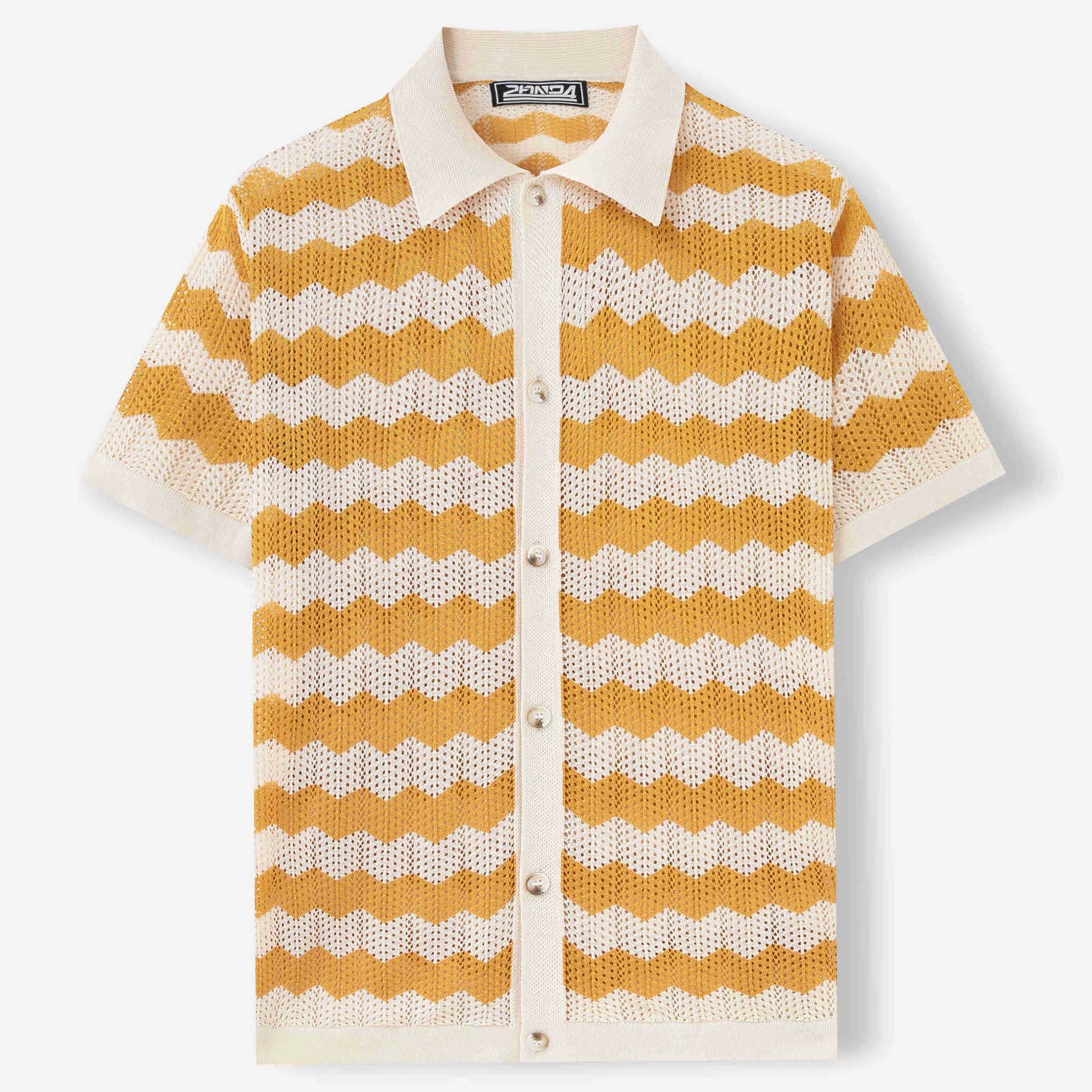 Short-sleeved yellow hollow jacquard corrugated sweater with flocked detail on a mannequin.