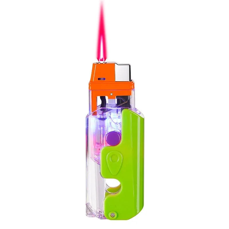 Plastic luminous radish lighter in orange purple and green colours with windproof flame capability