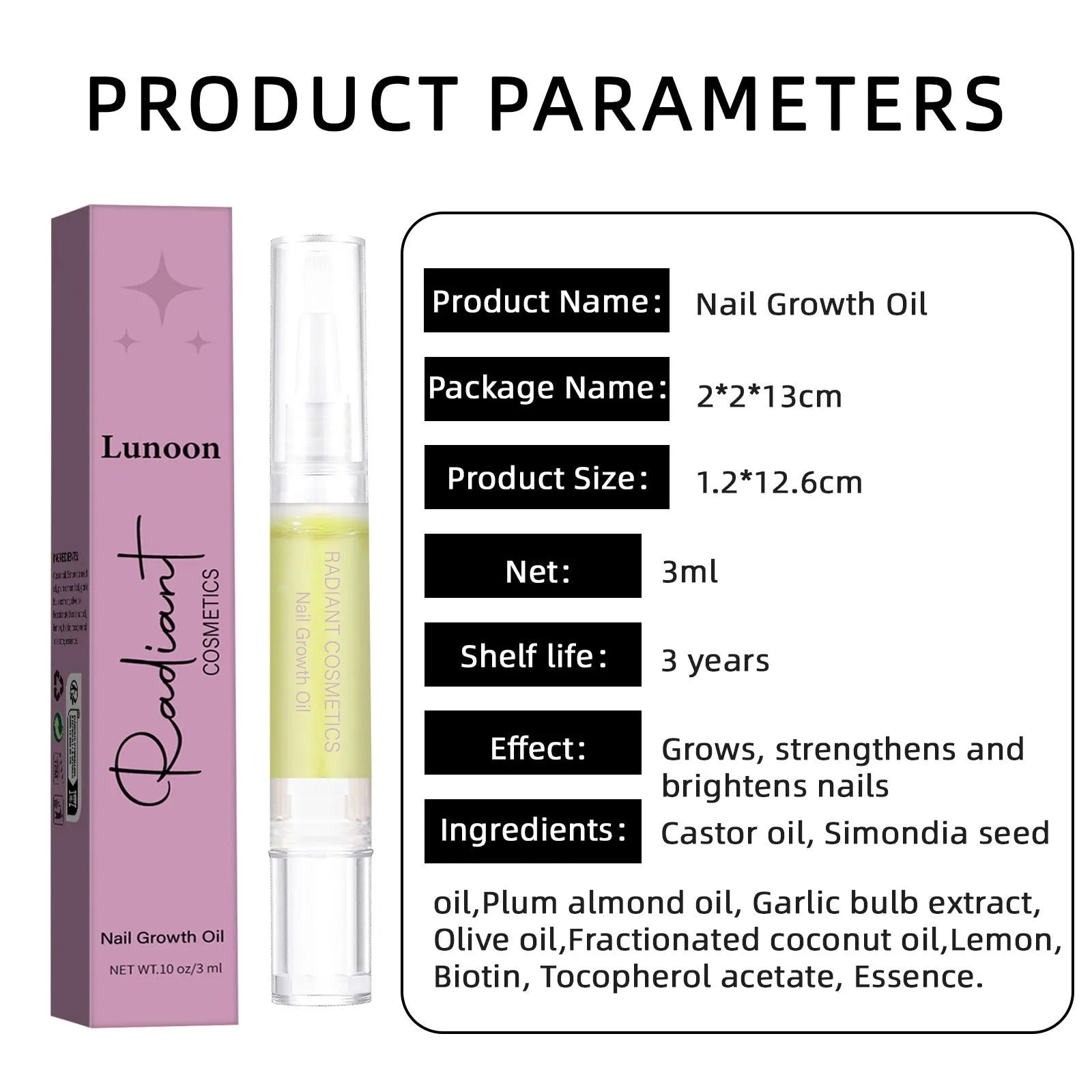 3ml bottle of clear nail growth treatment oil for cuticle and nail bed care.