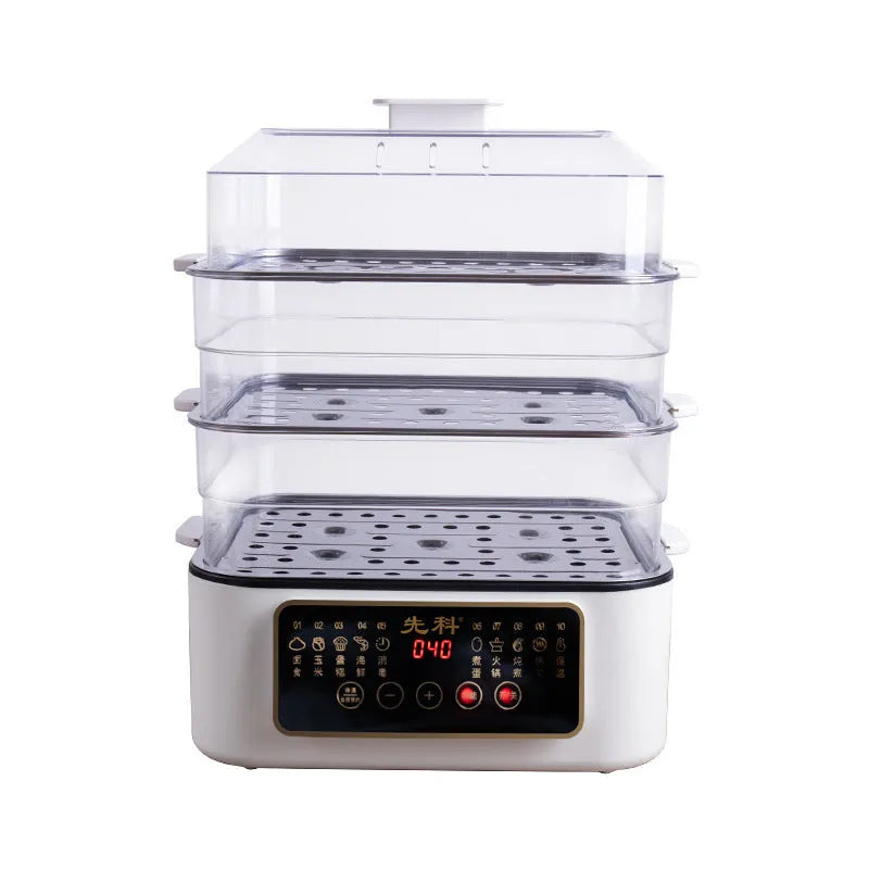 Electric kitchen steamer appliance with stainless steel steaming rack and digital display