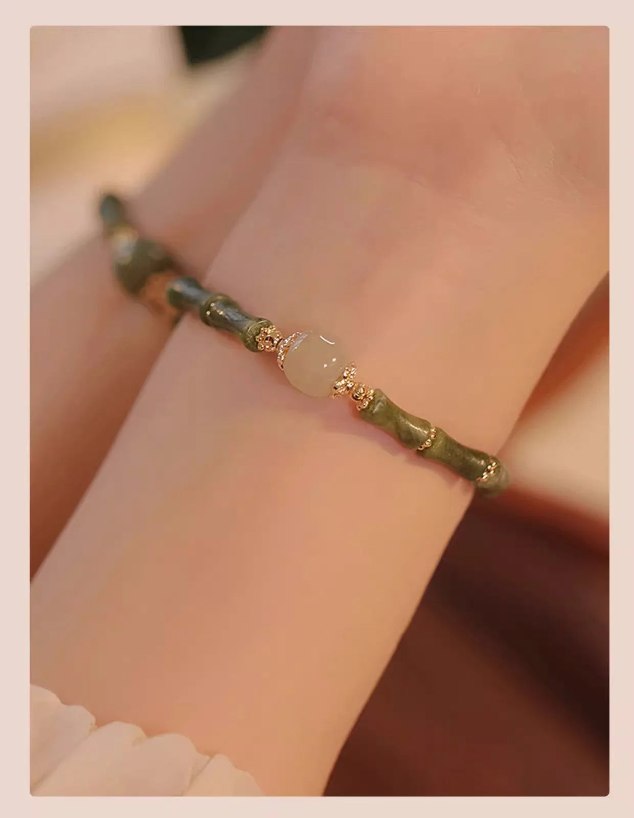 Simple geometric Hetian jade bracelet for women with round beads in dark green and light colour options.