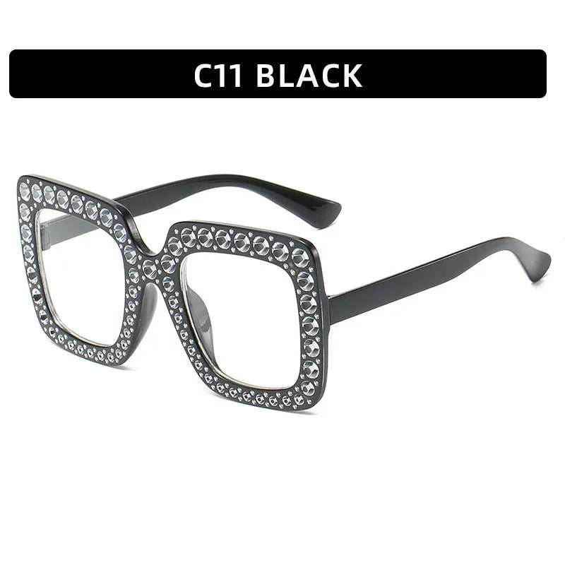 Large square frame sunglasses with rhinestone details on a PC frame in multiple colour options