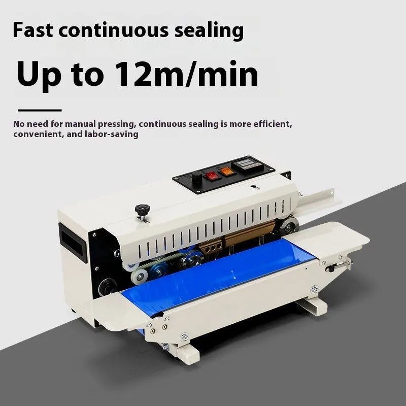 Handheld L1 steel seal style heat sealer with date printer on a countertop.
