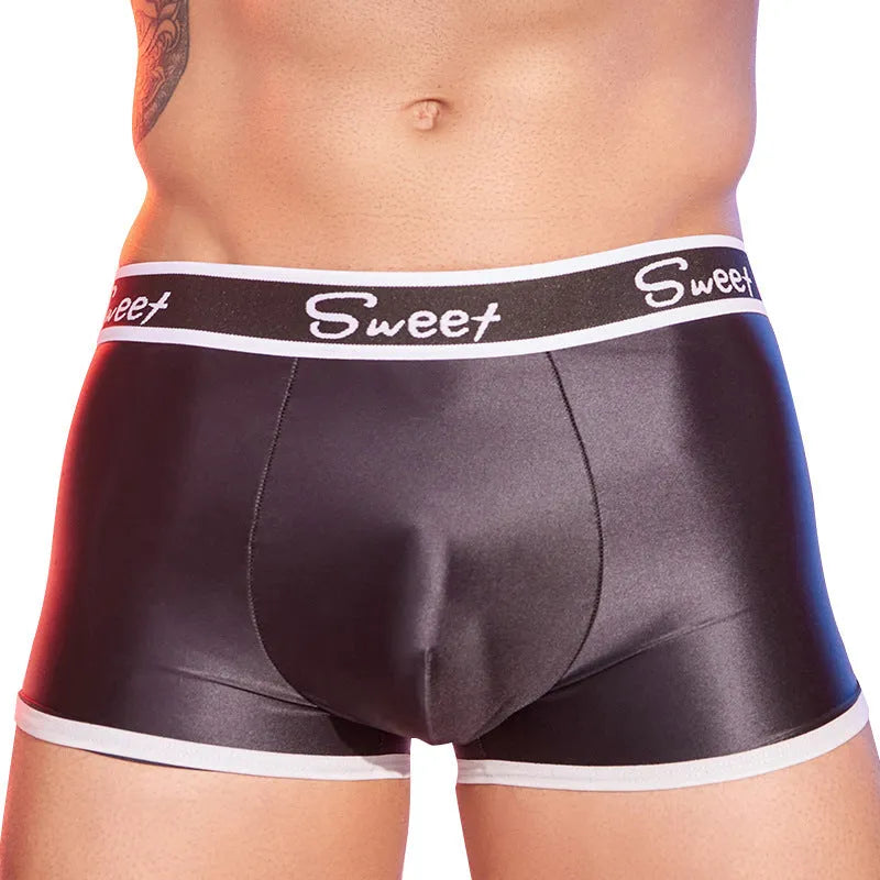 Men's shiny silky boxers in black, white, and sapphire blue colours