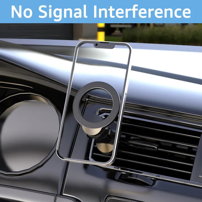 Black magnetic suction car air vent mobile phone holder on a vehicle dashboard.