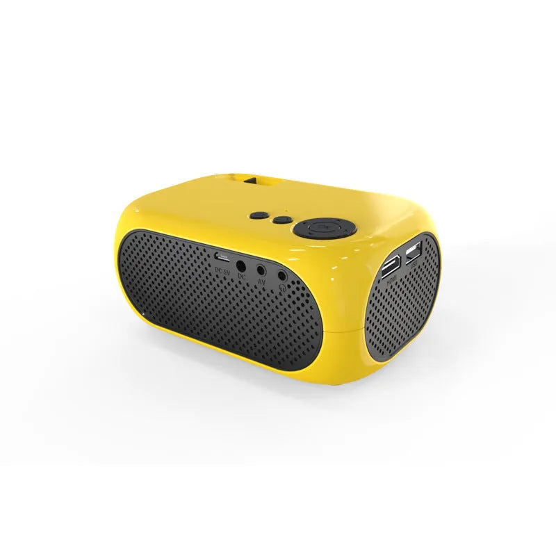 Compact gold or white M24 micro mini LED projector on a table with power adapter and AV cable.