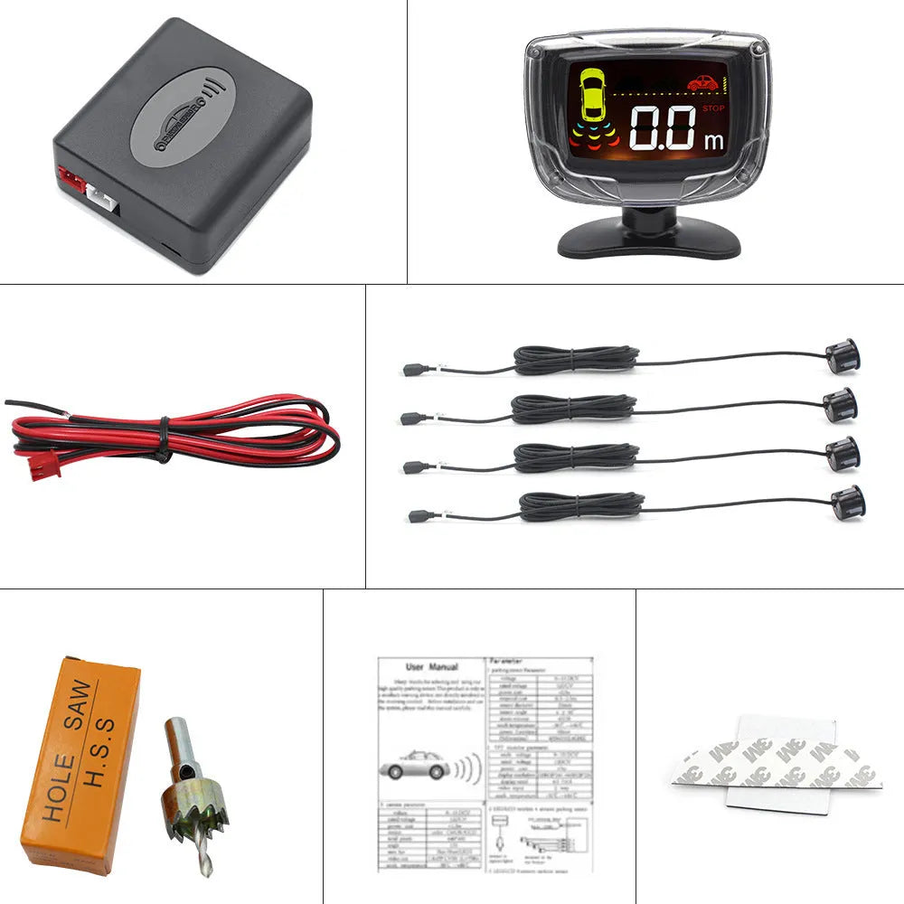 Black wireless reversing sensor kit for cars with digital display unit and four round probes