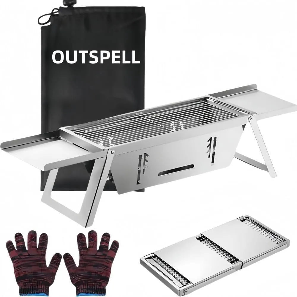 Small foldable portable charcoal grill for outdoor use.