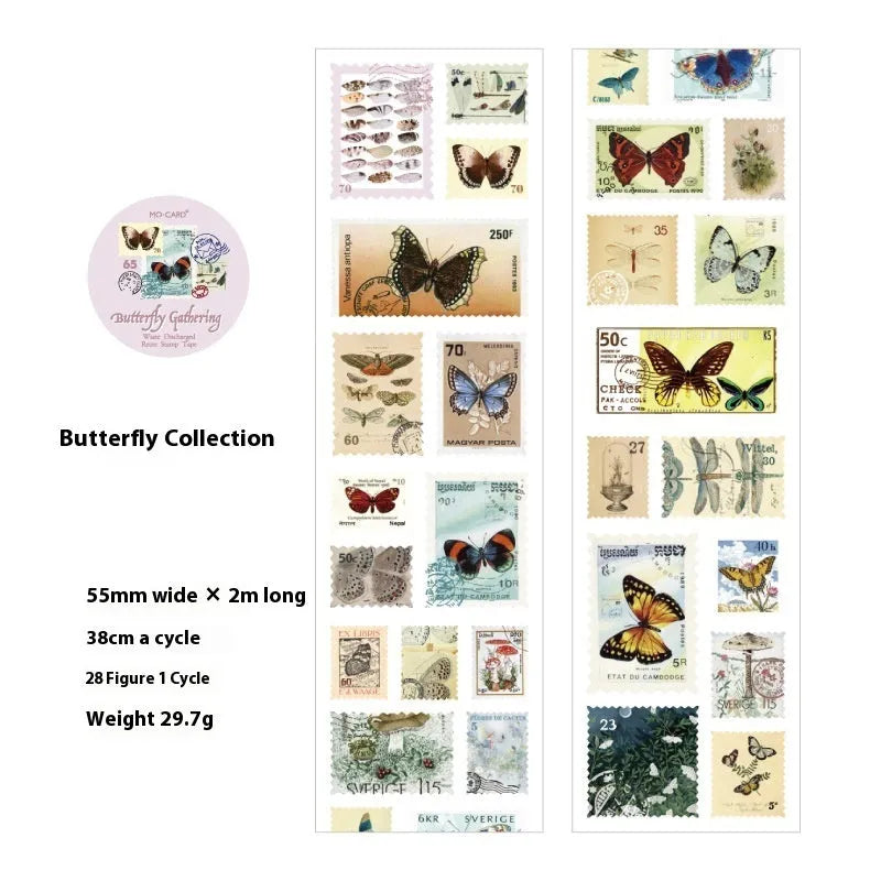 Roll of retro-patterned coated paper stamp for journal decoration, showing butterfly, forest, bird and mushroom design options.