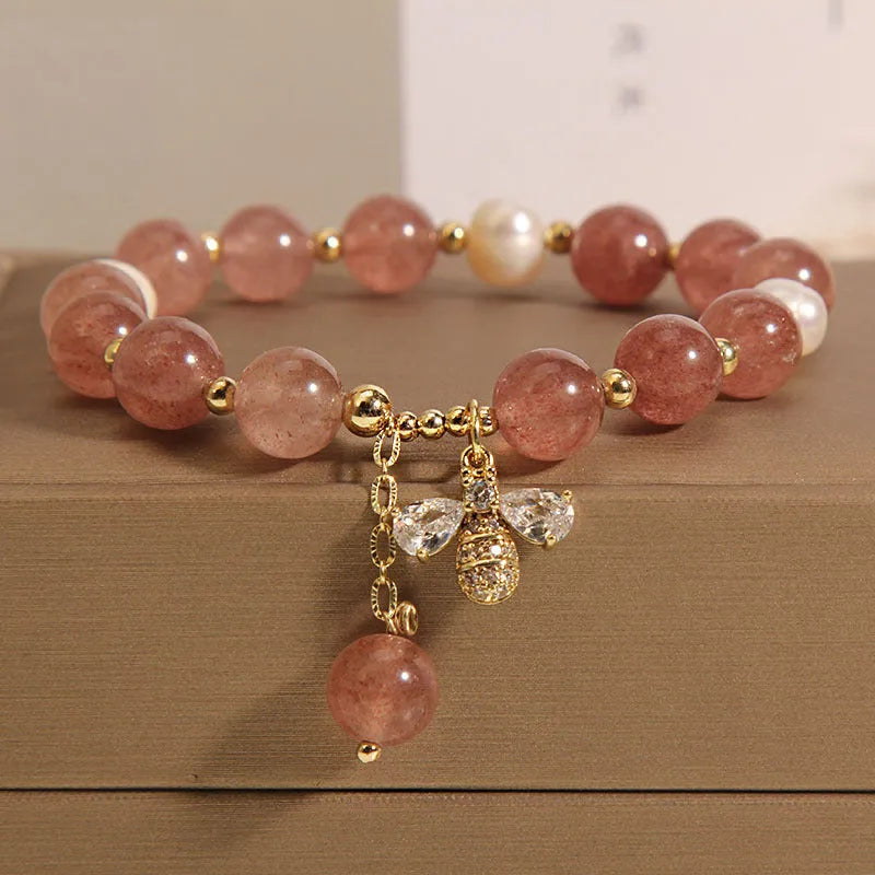 Freshwater pearl and strawberry quartz bracelet for women with zircon accents on alloy links