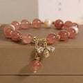 Freshwater pearl and strawberry quartz bracelet for women with zircon accents on alloy links