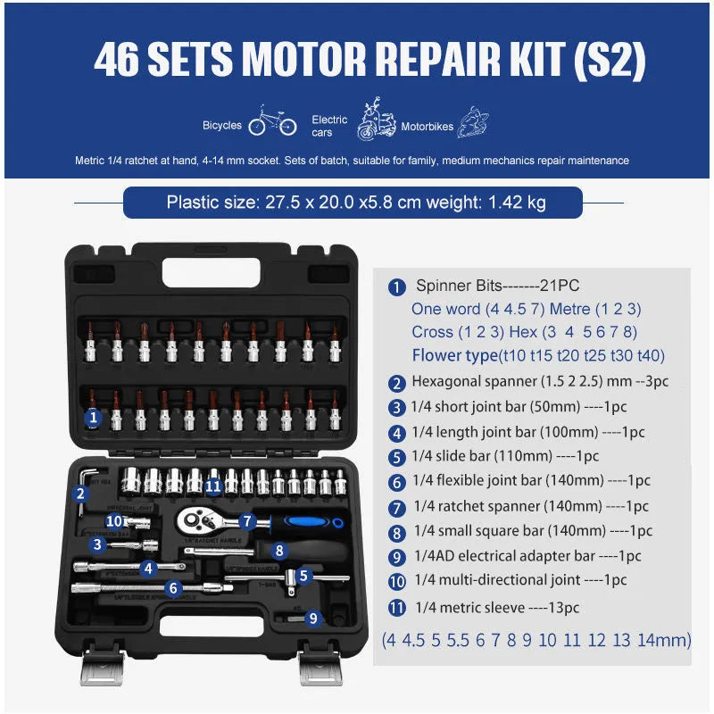 Cr-V steel socket ratchet wrench set with nickel plating in a tool case