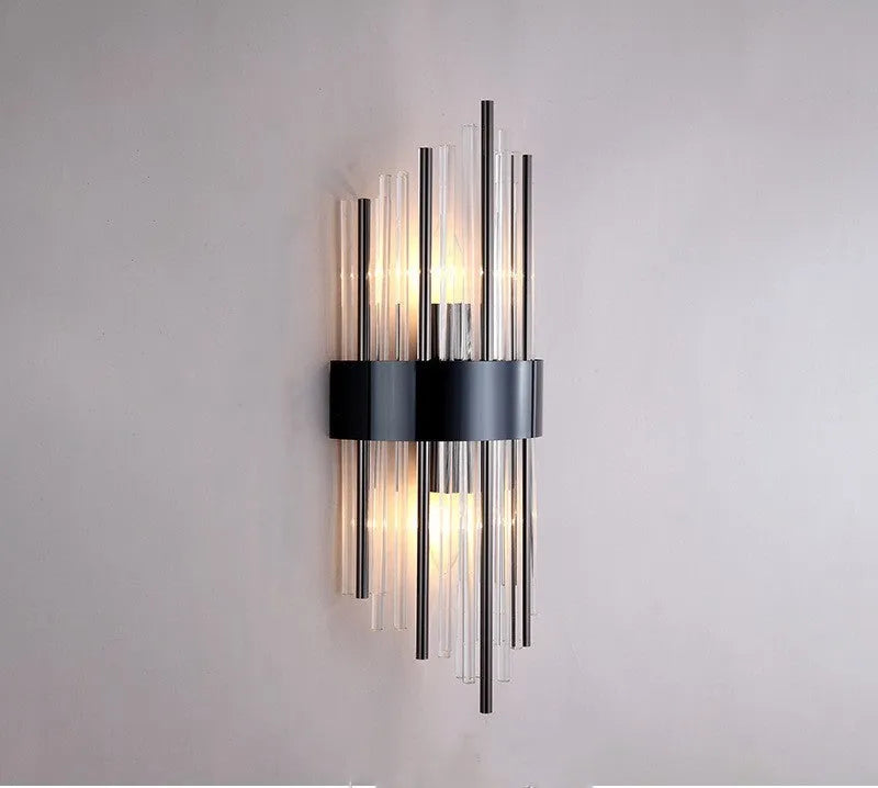 Modern petal-shaped crystal wall lamp with titanium finish in living room setting