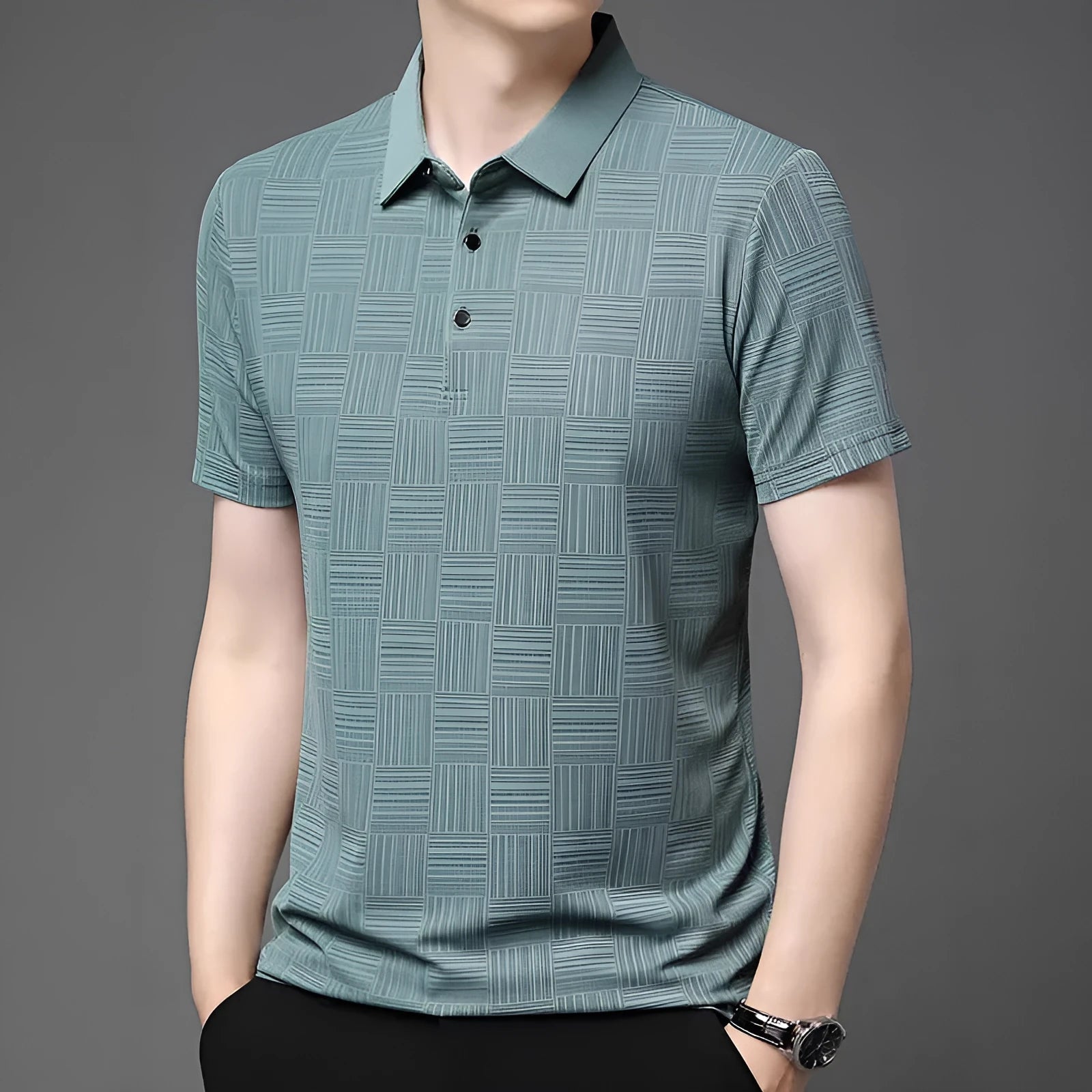 Men's slim fit lapel collar t-shirt in beige, made from a thin breathable fabric.
