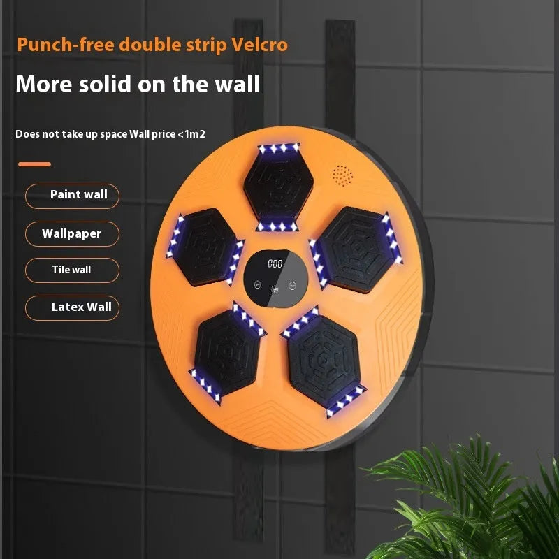 Smart wall-mounted boxing reaction target with LED lights on a grey PU surface.