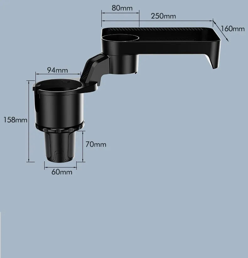 Black ABS plastic 360-degree rotating car dinner tray holder mounted in a vehicle cup holder.
