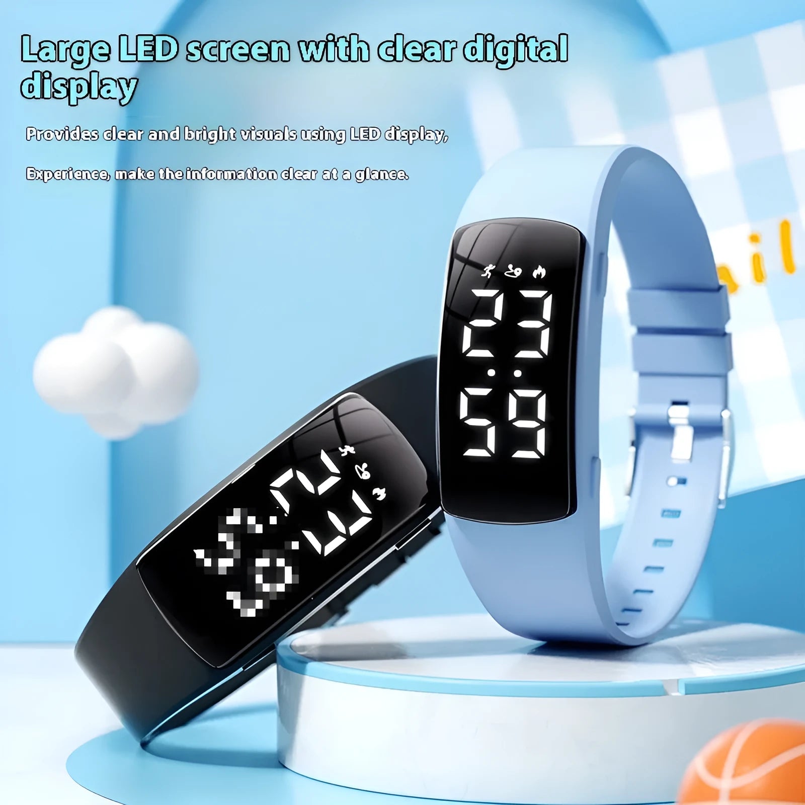 Waterproof vibration alarm clock watch with black silicone strap and LED display showing time