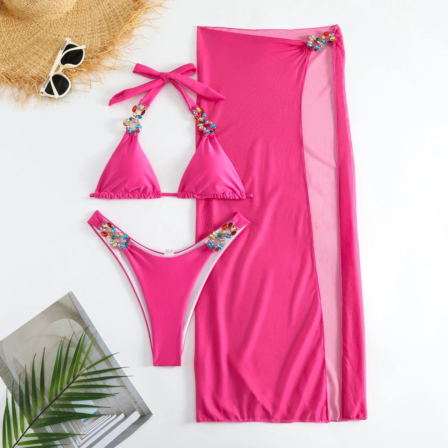 Three piece swimsuit bikini set with mesh skirt in rose red or yellow colour