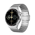 Black smartwatch with circular 46mm dial on a silicone strap, showing a heart rate monitoring display on its screen.
