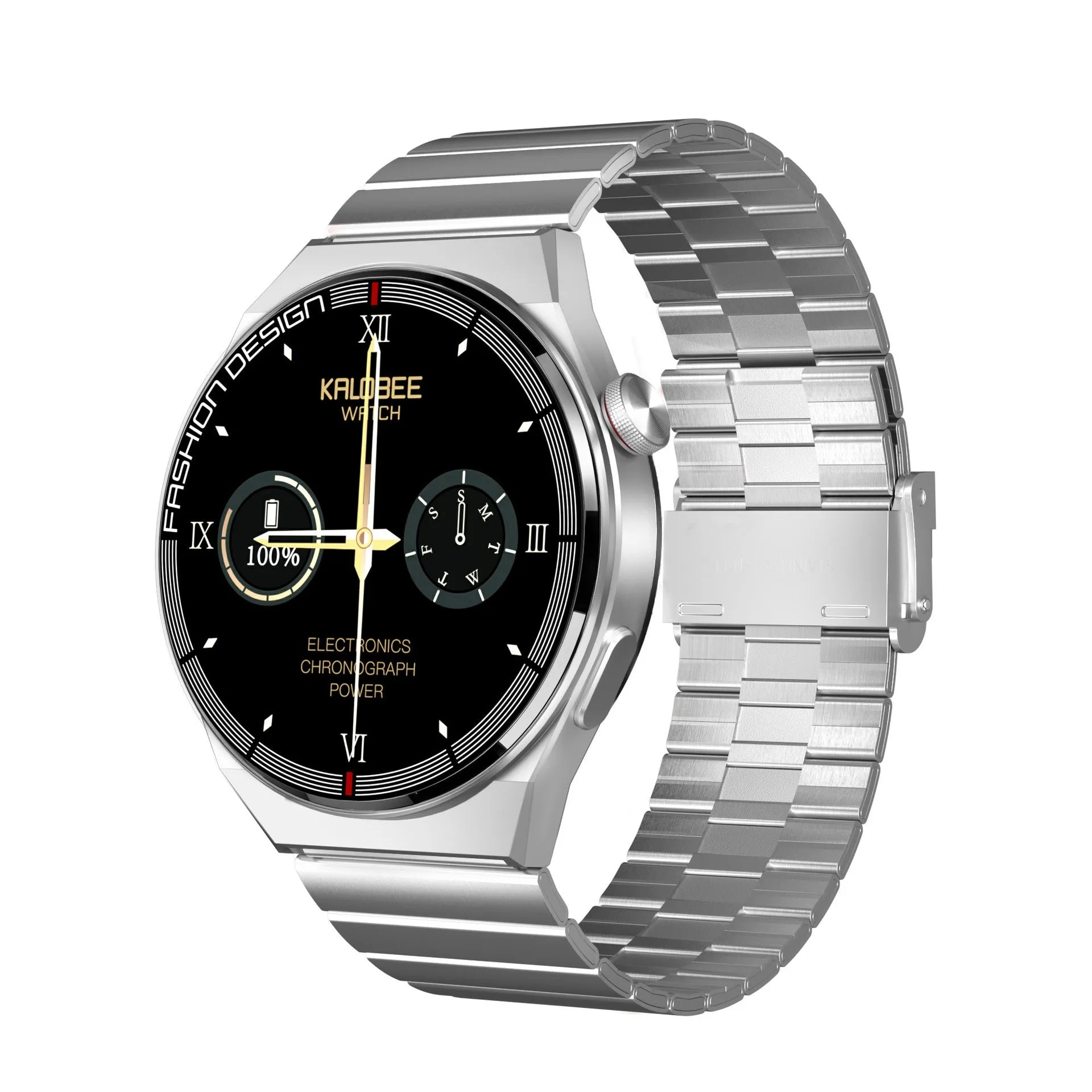 Black smartwatch with circular 46mm dial on a silicone strap, showing a heart rate monitoring display on its screen.