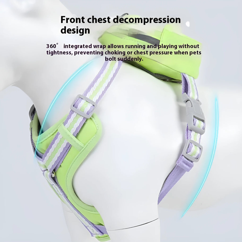 Green explosion-proof anti-strangulation pet safety harness vest with lead on a white background.