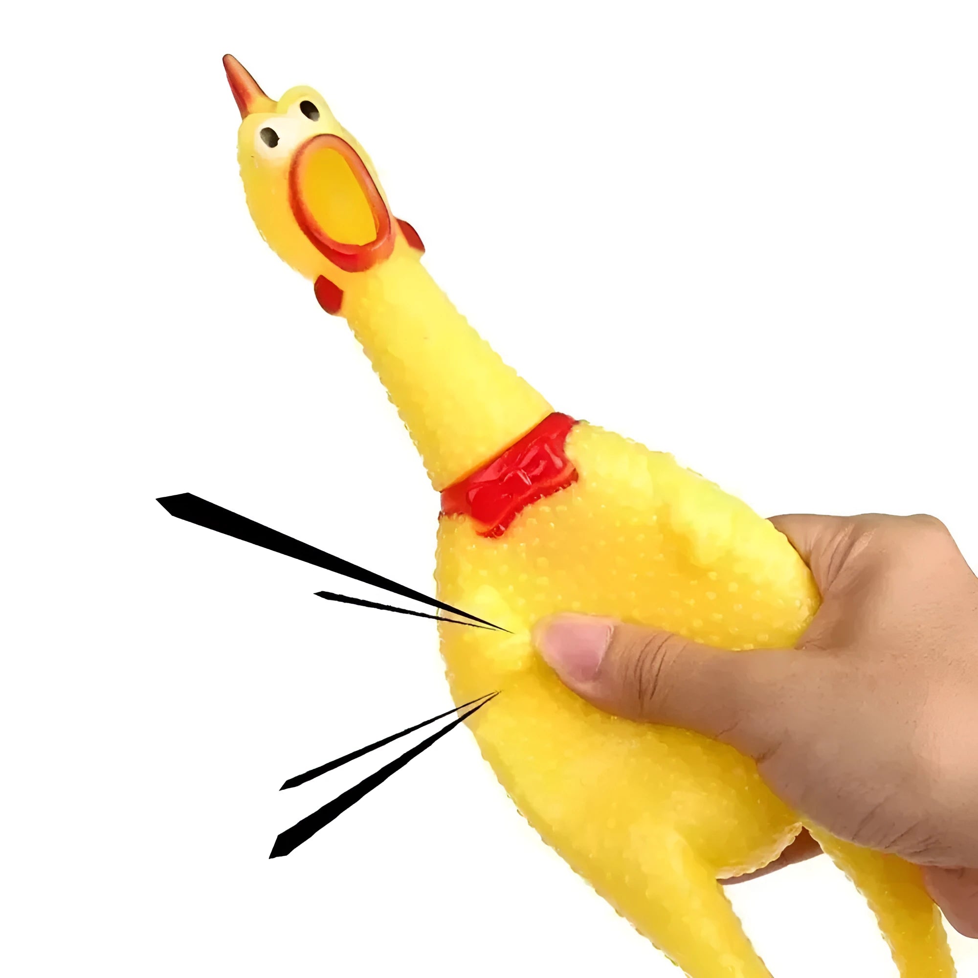 Yellow rubber Screaming Chicken squeaky dog chew toy shown in small, medium, and large sizes.