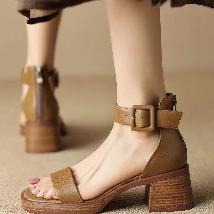 Women's white retro platform high heels with ankle strap and round toe design