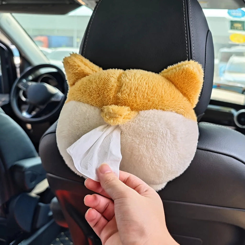 Yellow corgi butt shaped tissue box cover with elastic backing for car sun visor attachment