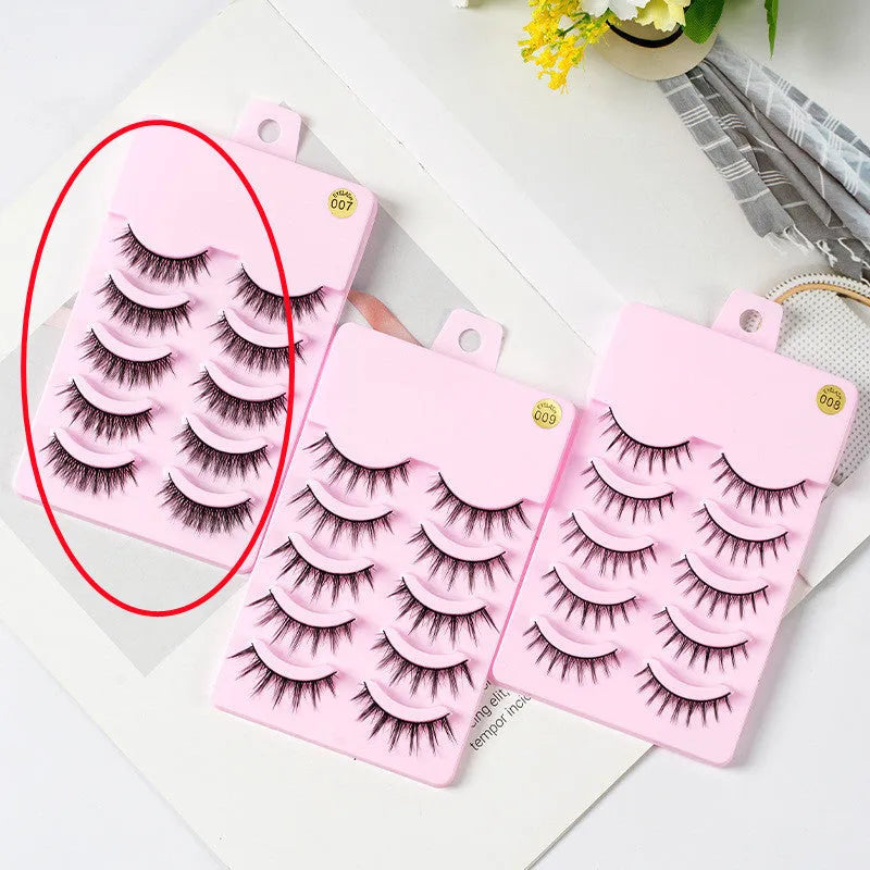 Set of 5 pairs natural wispy false eyelashes with black plastic base for Korean makeup and cosplay.