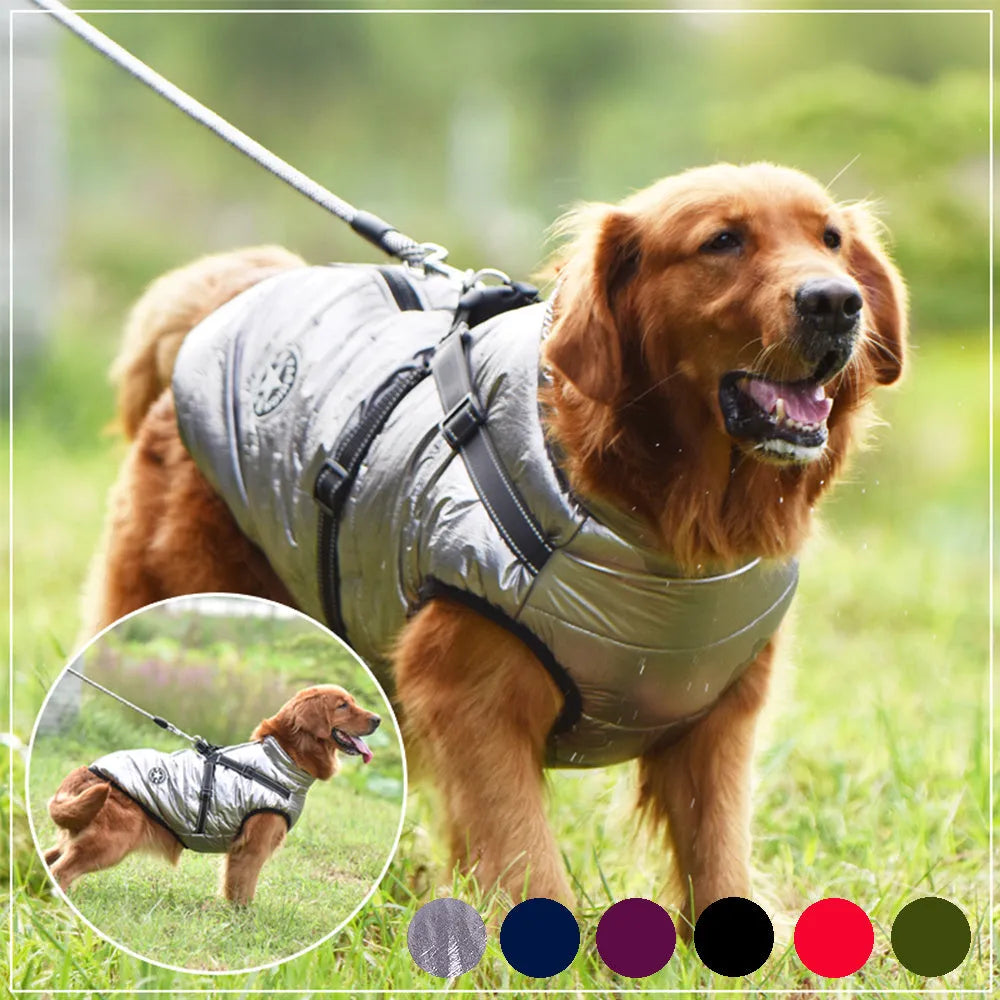 Waterproof dog coat with integrated harness in rain silk fabric available in red, navy blue, and army green colours