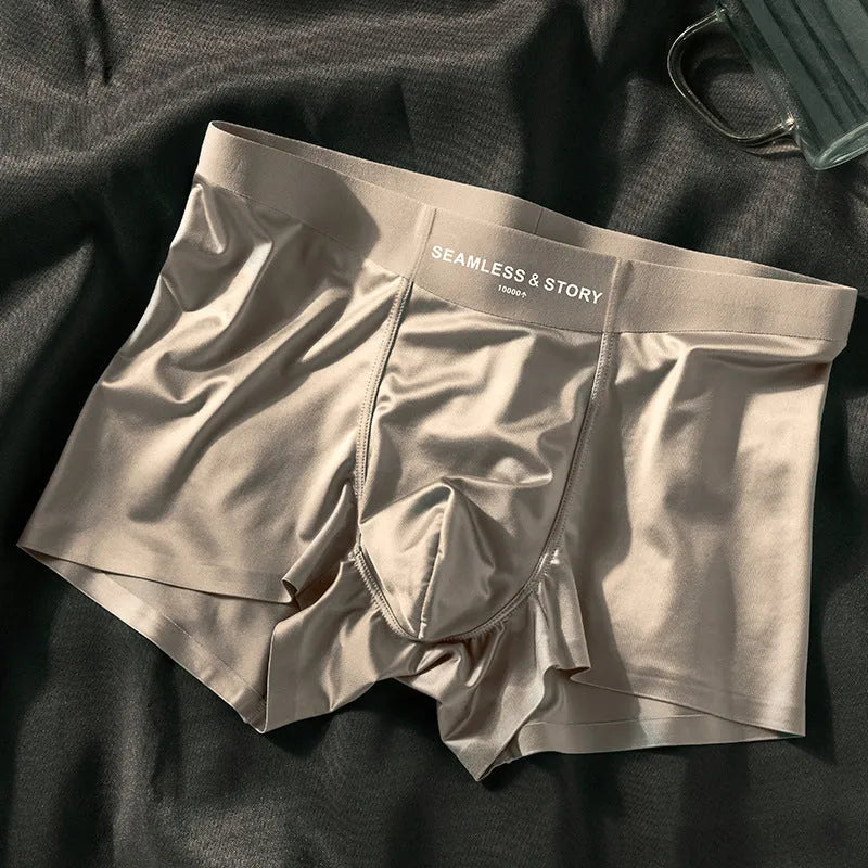 Men's ice silk satin boxer shorts on a white background, showing mid-waist design.