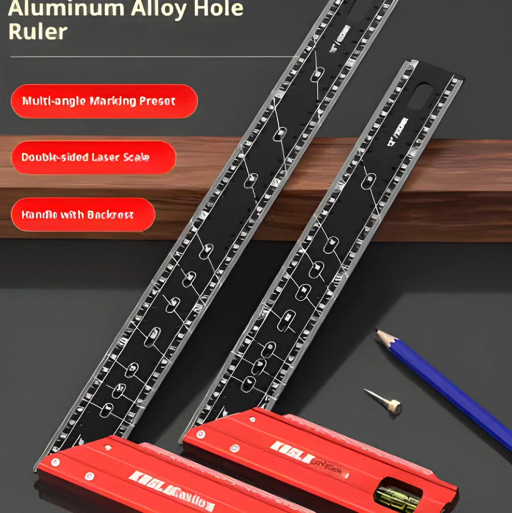 Thick aluminium alloy lineation ruler with multi-angle positioning and scribing holes for woodworking