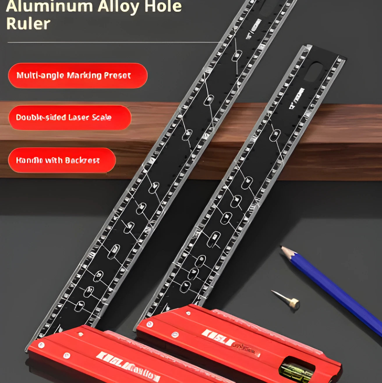 Thick aluminium alloy lineation ruler with multi-angle positioning and scribing holes for woodworking