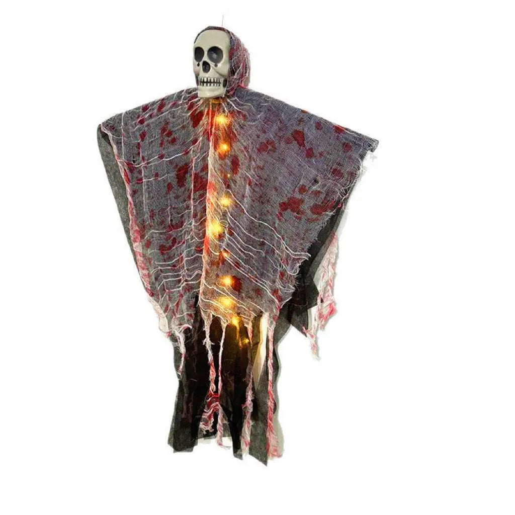 Plastic Halloween decoration featuring a blood-dyed luminous skull on a hanging ghost figure for outdoor displays.