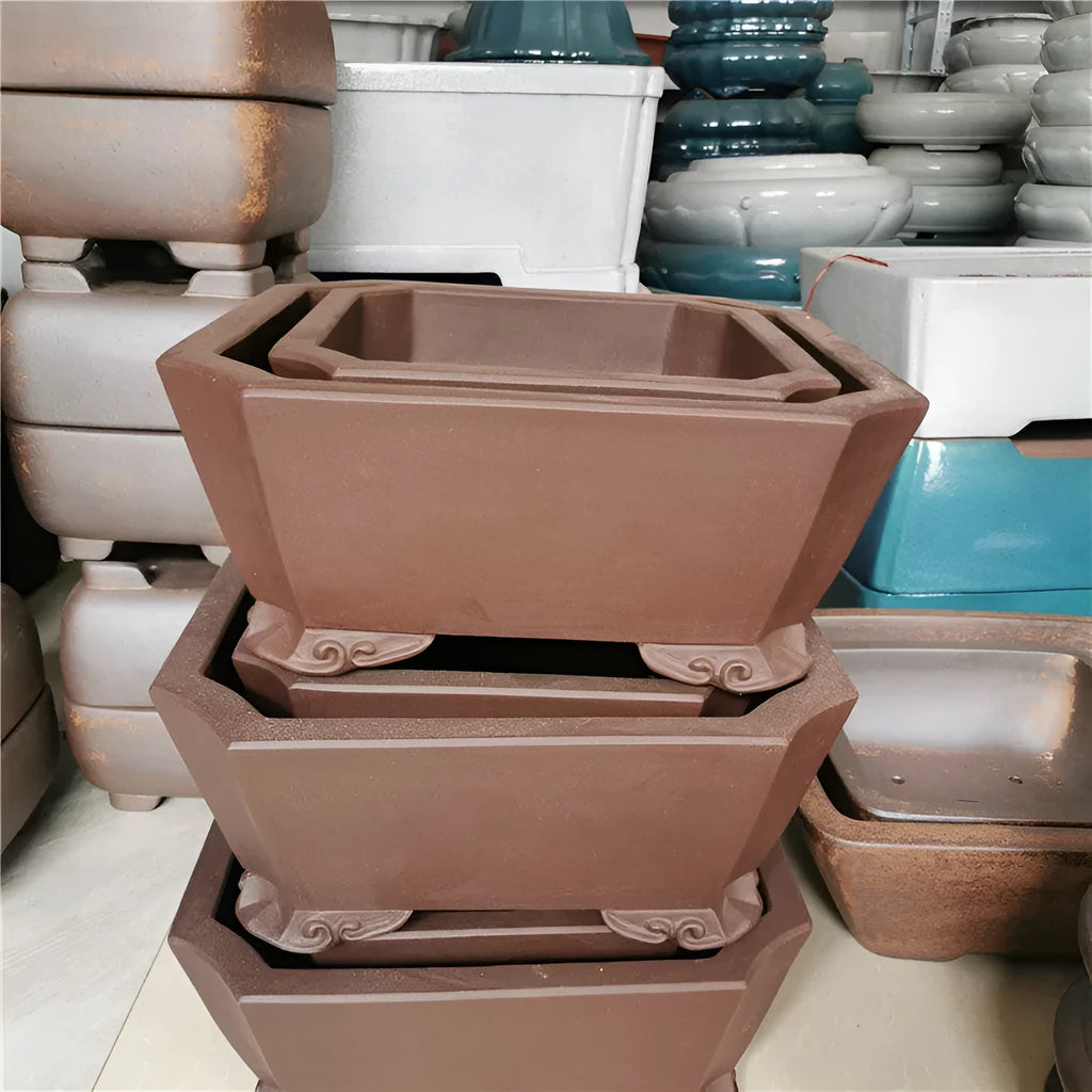 Two brown square stump purple sand flowerpots on a desktop with green plants
