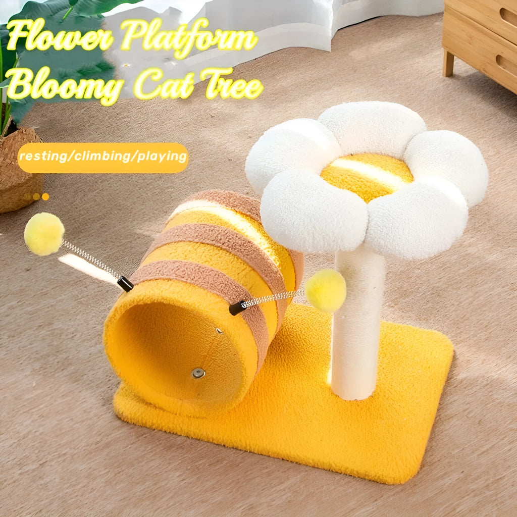 Yellow cat climbing frame with sisal scratching post and integrated tunnel.