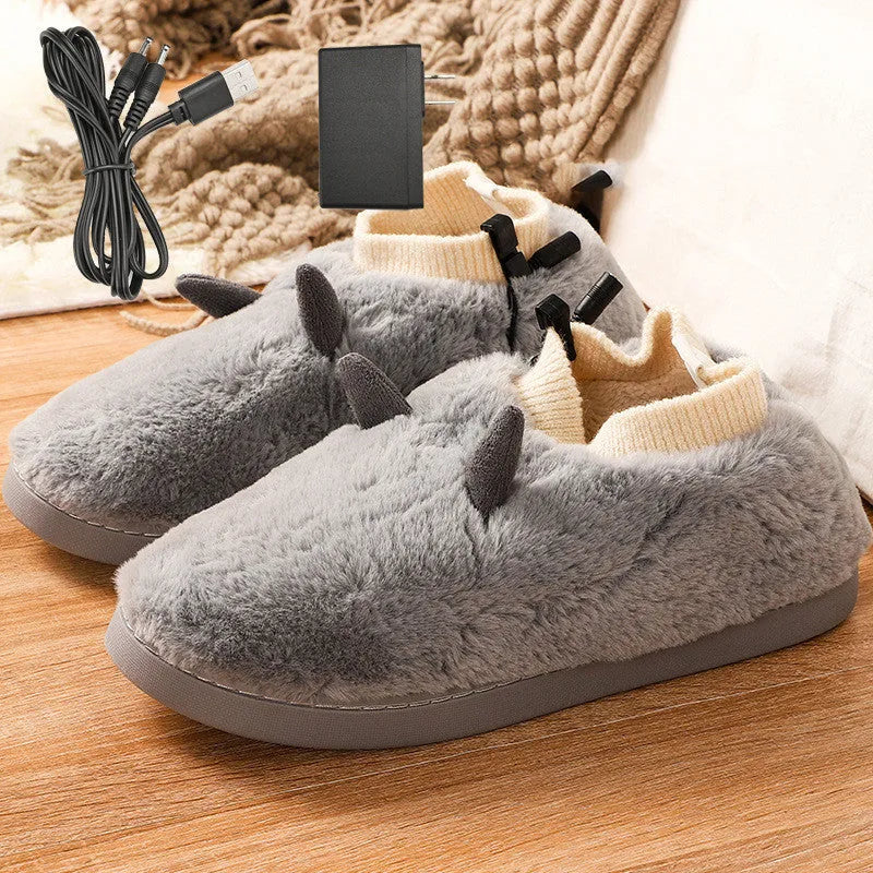 Plush velvet USB heating slippers with a USB cable and power converter, shown in taro purple colour.