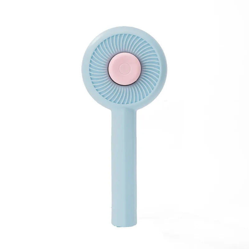 Blue and yellow pet grooming brush with metal pins and a self-cleaning button