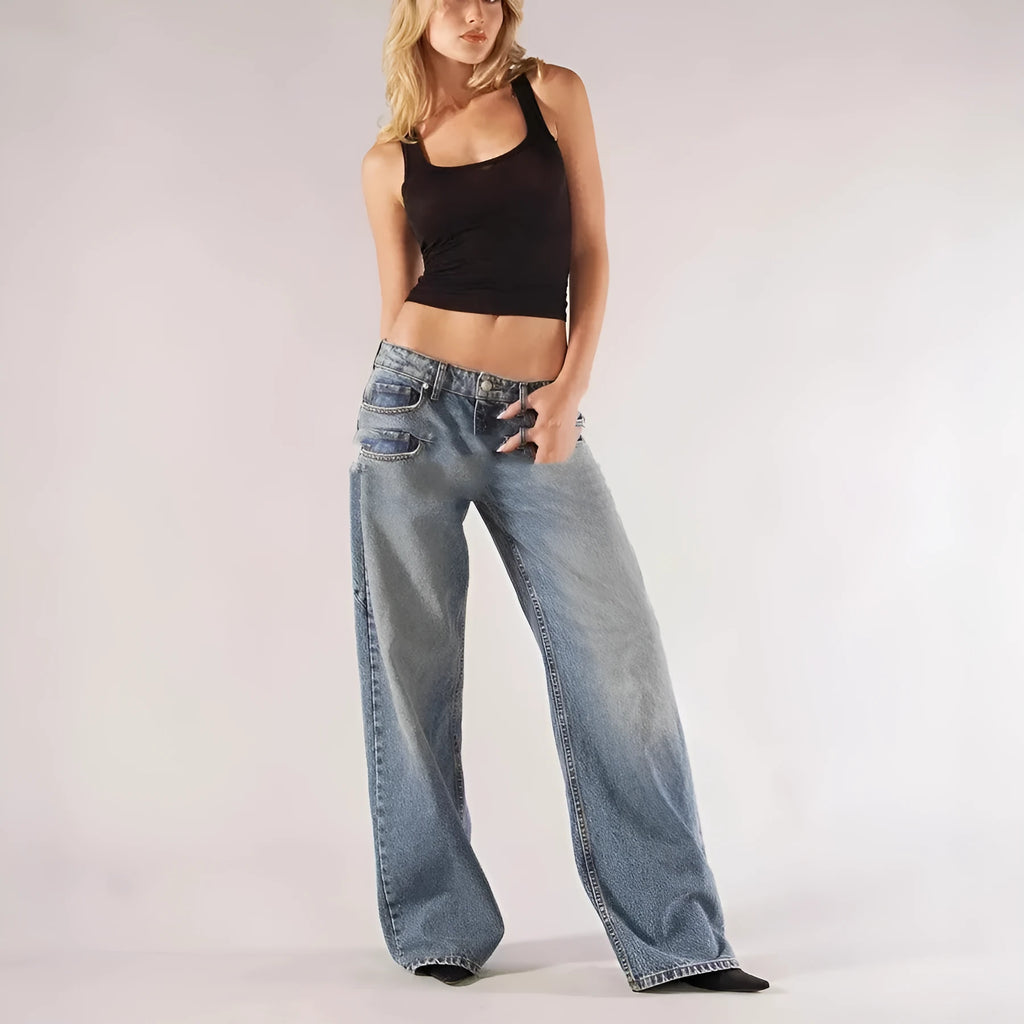Women's cotton loose wide leg trousers in blue with splicing details