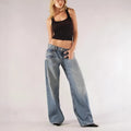 Women's cotton loose wide leg trousers in blue with splicing details