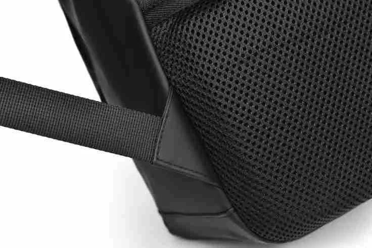 Waterproof black PU leather backpack with sewing thread details and large capacity storage