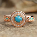 Women's turquoise ethnic ring with geometric zircon designs in rose gold colour