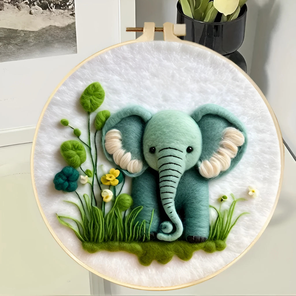 Round linen embroidery kit with wool felt materials for three-dimensional floral design