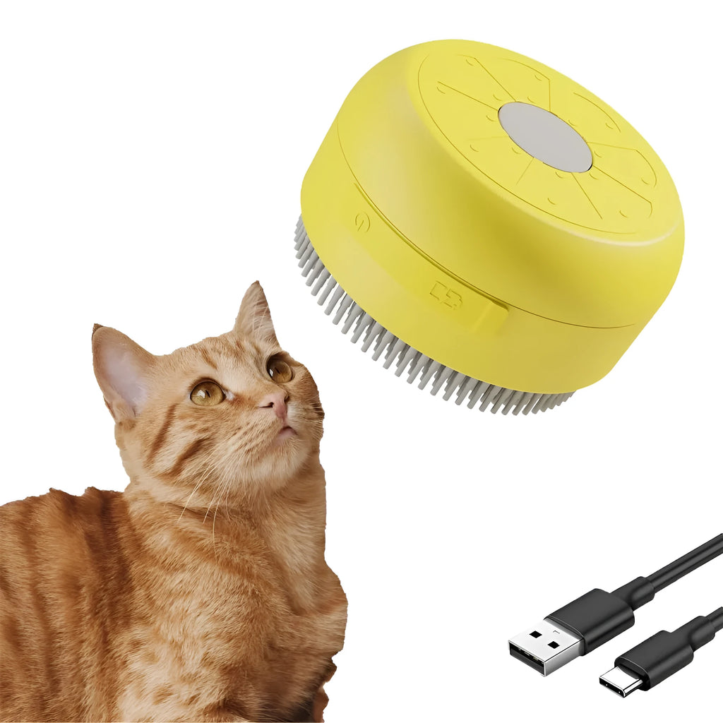 Green rechargeable cat steam brush with silicone bristles on a white background.
