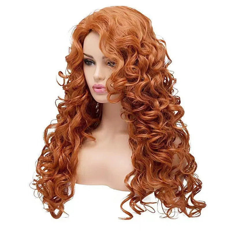 Brown long wavy curly costume wig displayed on included wig head cover