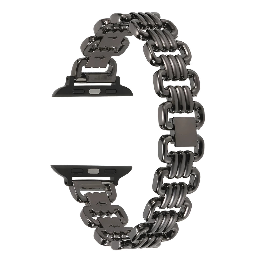 Silver alloy metal link bracelet for Apple Watch on a wrist.